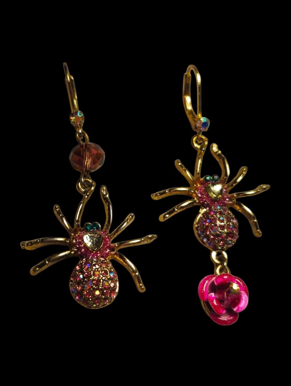🕷️🌹Betsey ENCHANTED FOREST Pink Iridescent Crystal Mismatched Earrings EPC